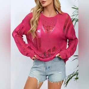 NEW! Pink Distressed Knit Sweater - Size M